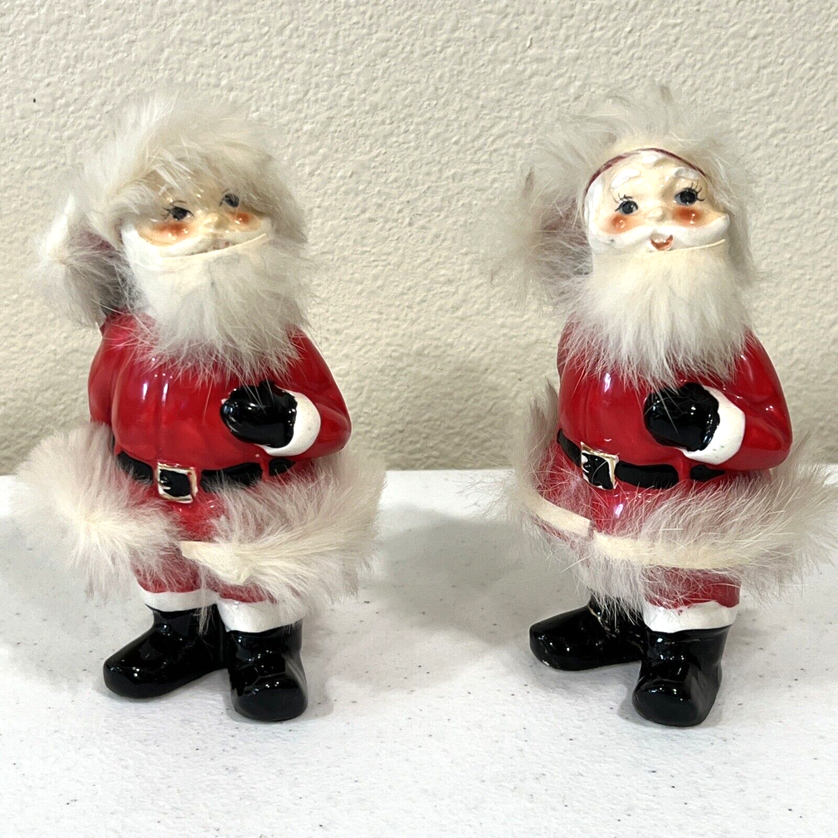 Pair of Vintage Norcrest Santa Figurines with Fur Accents - Japan