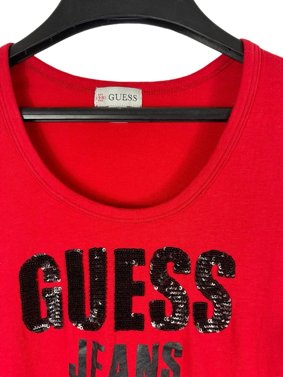 Guess VTG 90s 2000s Y2K Red Cap Sleeve Embellished Bling Logo Baby