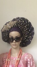 Aso Oke Auto Gele, Fan Gele, Purple Auto Gele, African Head Gears, AutoGele,