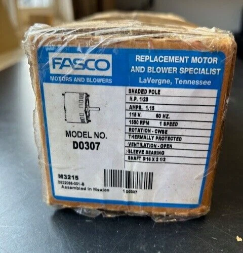 Fasco Shaded Pole Motor D0307 HP1/25 Amps1.15 115V 1 Speed 1550RPM