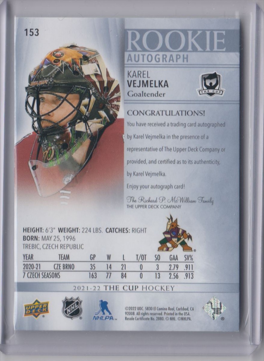 2021-22 Upper Deck The Cup Rookie Autograph Karel Vejmelka RC Auto