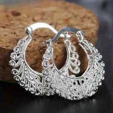 Glamorous Bohemian Flower Vine Hoop Earrings Intricately Carved Silver Plated