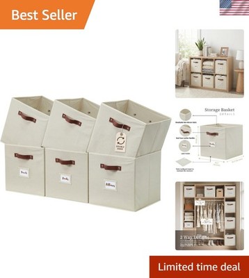Set of 6 Durable Beige Cube Storage Bins with Labels for Stylish Organization