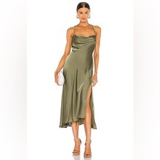 ASTR The Label  Women's Gaia Satin Midi Dress Size Small Sage Green Slit NWT
