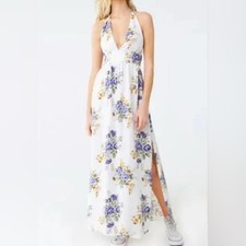 Forever 21 Floral Maxi Dress in White/Purple/Gold, Halter, Lined, Flowy, Small