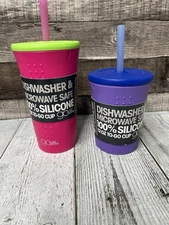 2 GoSili Reusable Silicone Cups, lids and straw, dishwasher&microwave safe
