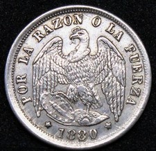 1880 Chile 1/2 Decimo KM# 137.2, UNC + some die clashing error