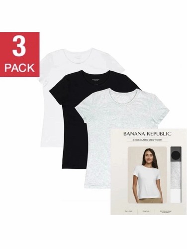 New Banana Republic Women's Short Sleeve Crew Neck Tee 3-Pack,Blk/Wht/Gray Sizes