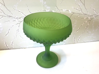 Vintage Indiana Glass Diamond Point Satin Frosted Green Pedestal Candy/Nut Dish