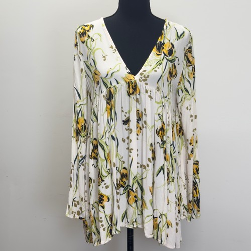 Free People Bella Boho Blumenmuster Tunika Oberteil V-Ausschnitt Langarm Small S - Bild 1 von 7
