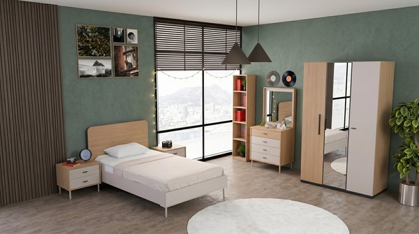 Braun-WeißEs Jugendzimmer Bett Nachttische Kommode Kleiderschrank BüCherregal-image