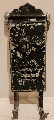 Vintage Black Cast Iron Mailbox Letter Flap Peep Holes Newspaper Holder Decor