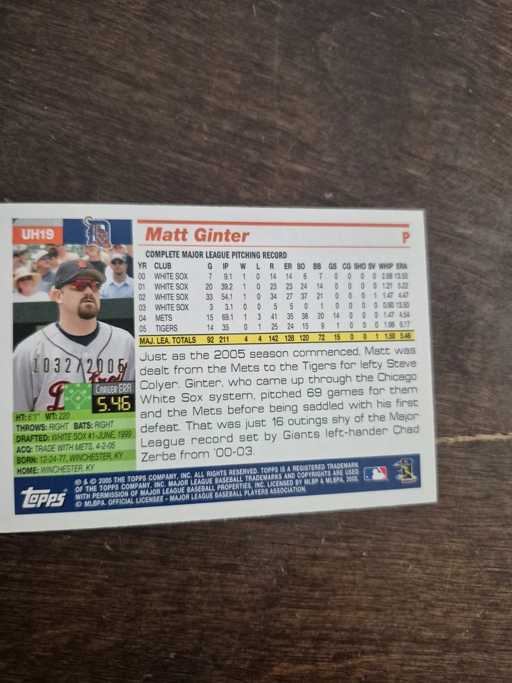 2005 Topps Update Matt Ginter Detroit Tigers Gold #/2005 - Image 2 of 2