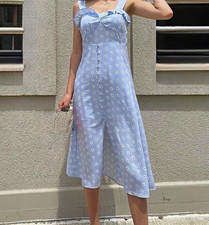 Zara Blue/White Floral Sundress XS Square Neck Ruffle Sleeveless Midi