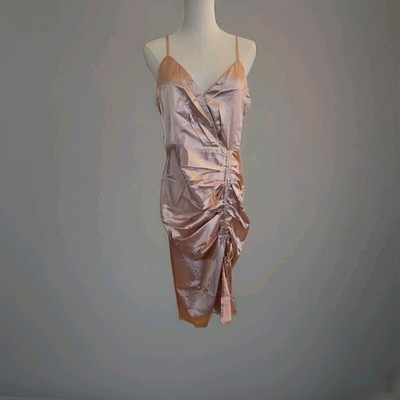 Dance & Marvel Champagne Satin Ruched Midi Dress NWT Large Womens party event