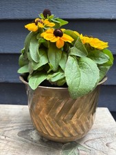 Vintage Brass Planter Cachepot Chevron Relief Boho Decor