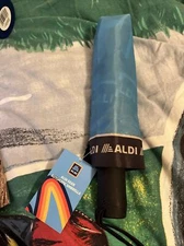 ALDI Gear Collection 2023 Light Blue/ with Logo Automatic Compact Umbrella NWT