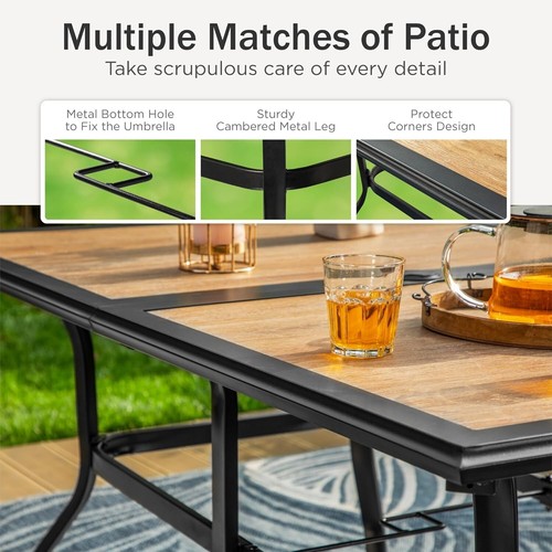 Outdoor Patio Dining Tables with Umbrella Hole Wooden Rectangular 6 Person Table - Picture 4 of 7