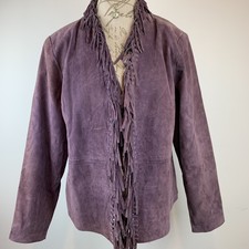 Dialogue Women's Purple Plum Suede Fringe Lined Jacket Hook Loop Closure Sz L