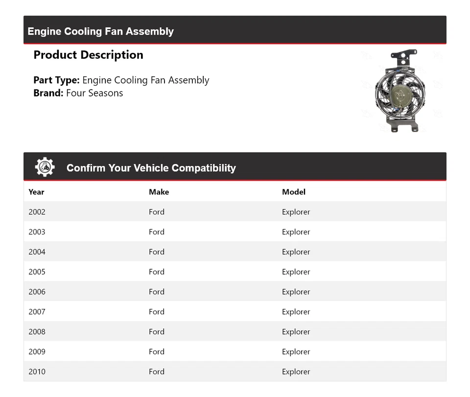 Conjunto de ventilador de refrigeración del motor Ford Explorer 2002-2010 4 estaciones 2003 2004 2005 Foto 2 de 4