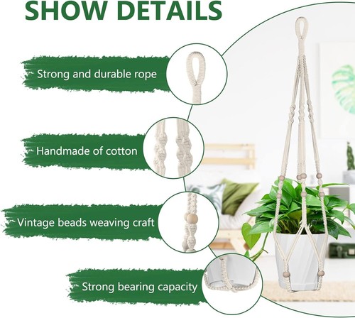 Hanging Planters Baskets, Cotton Rope Macrame Plant Hanger with Hanging Hooks UK - Picture 3 of 18
