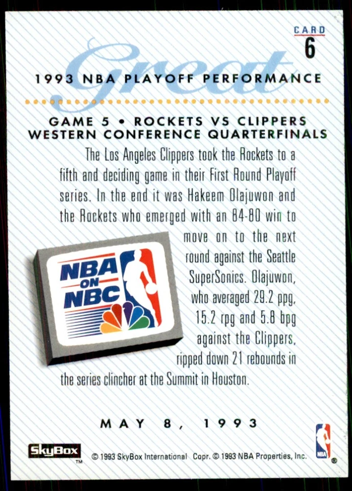 1993-94 SkyBox Hakeem Olajuwon Basketball Cards #6 - Image 2 of 2