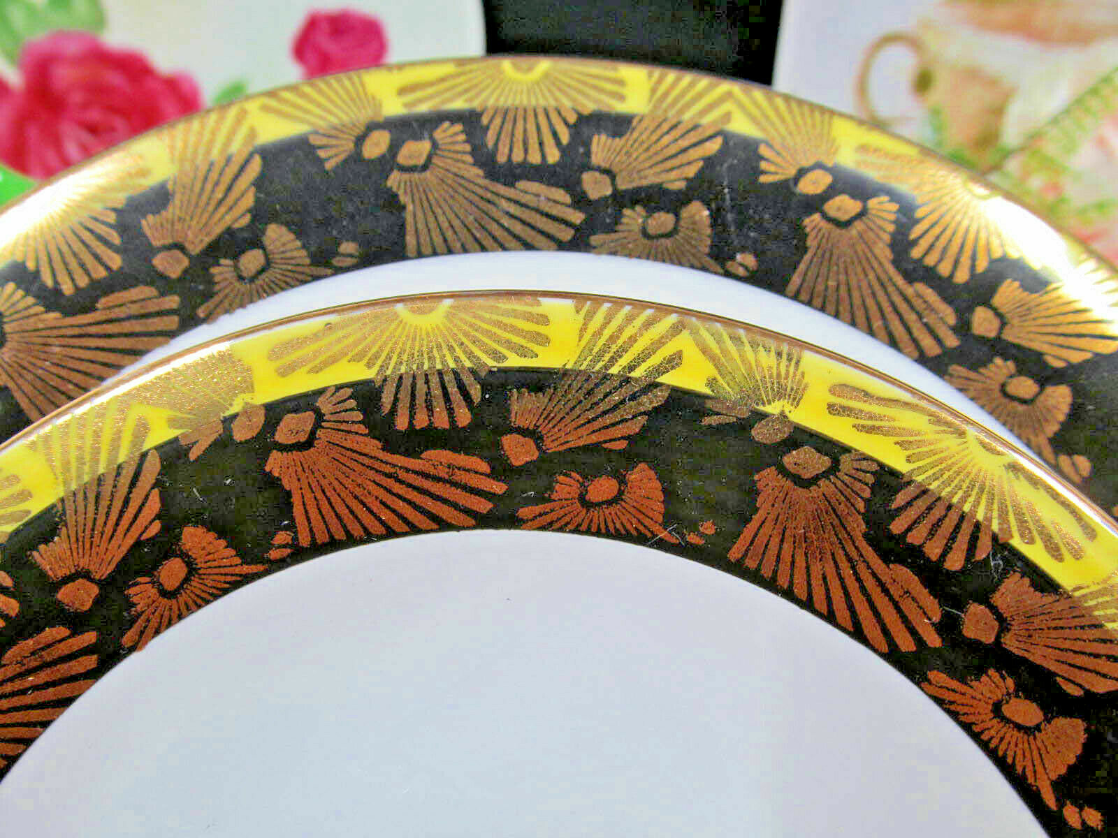 BAVARIA GERMANY tea cup and saucer trio ETCHED gold gilt black band teacup 50   