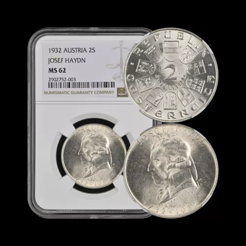 AUSTRIA. 1932, 2 Schilling, Silver - NGC MS62 - Haydn, Key Date