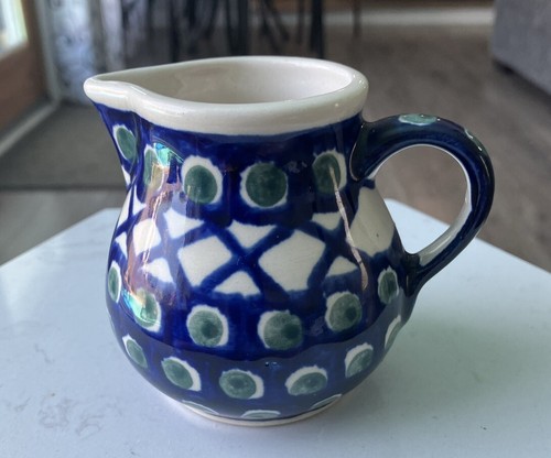 3" Boleslawiec polnische Keramik kleines Milchkännchen Krug handgefertigt Polen blau grün - Bild 5 von 5