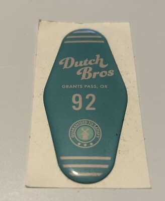 Dutch Bros June 2021 Vintage Hotel Room Key  92 Puffy Grants Pass Teal Sticker