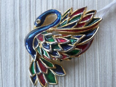 Broche Vintage Cygne En Métal Doré émaillé - Occasion Bon état