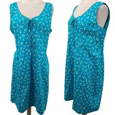 Vintage Y2k Floral Lace Up Mini Shift Dress Cotton Sleeveless Blue NEW Womens 16