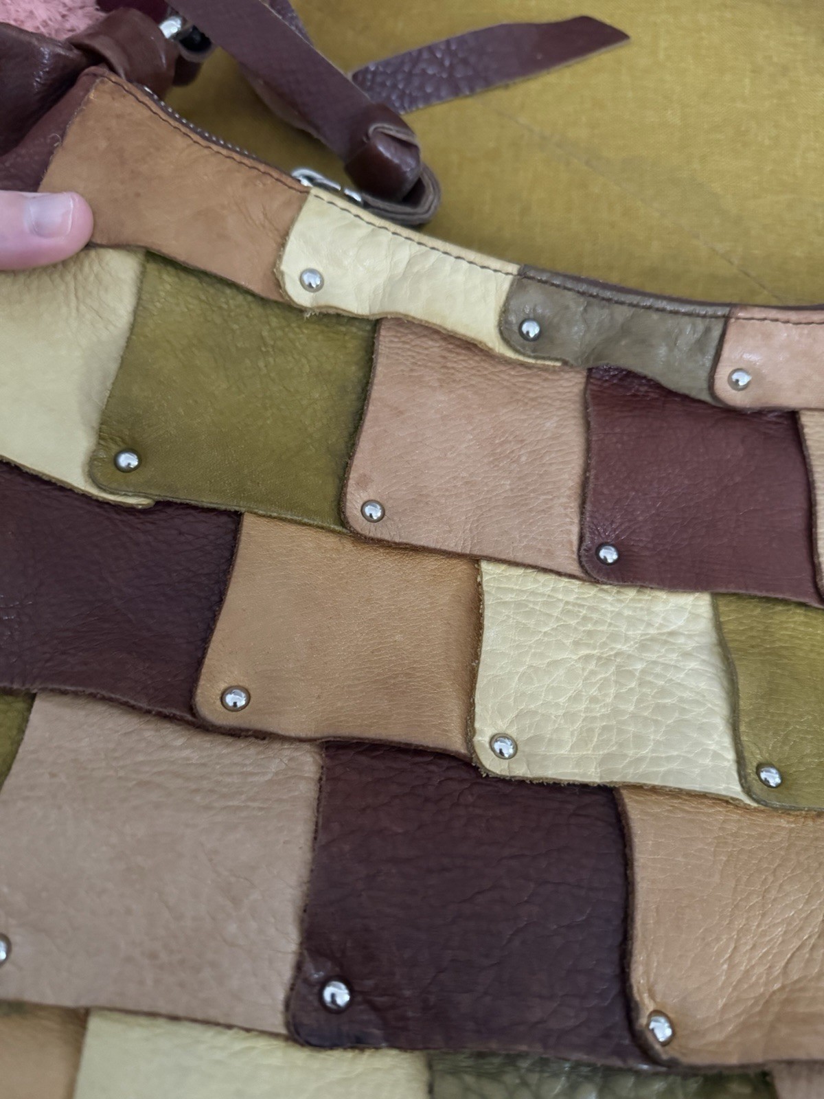 B. Makowsky Patchwork Studded Shoulder Bag Brown … - image 2