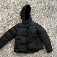 Girls Black Hooded Puffer Jacket Polyester Zip Casual Outerwear Short