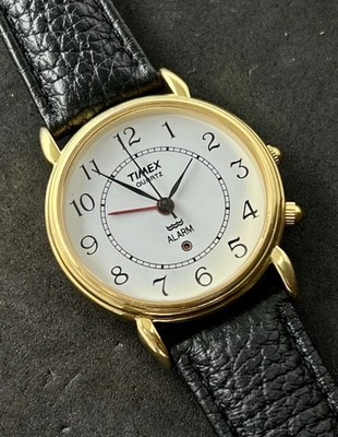 Vintage 1993 TIMEX Alarm Men's 35mm Analog Quartz Watch Gold White Dial Leather