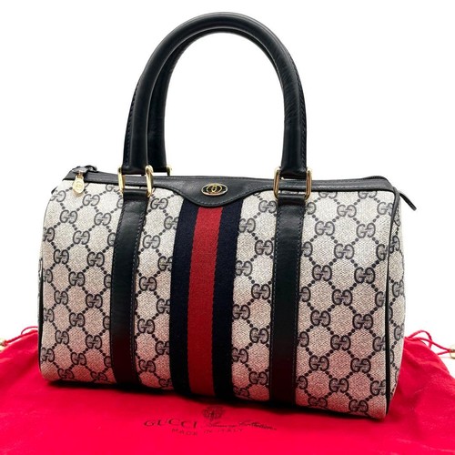 GUCCI GG Sherry Line Boston Hand Bag Ziplock Leather PVC Beige Black From Japan