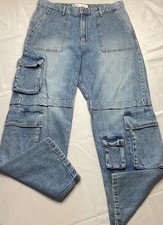 Bershka Men  s Multi Pocket Cargo Jeans Blue Denim Baggy Wide Leg Y2K Sz 34x30
