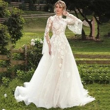A-Line Tulle Applique Wedding Dress High Neck Flare Sleeve Backless Bride Gown