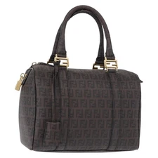 FENDI Zucchino Canvas Boston Bag PVC Dark Brown Gold Auth 152507