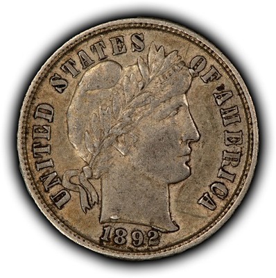 1892 10c Silver Barber Dime - Die Break Neck - Original` XF+/AU - SKU-Y6638