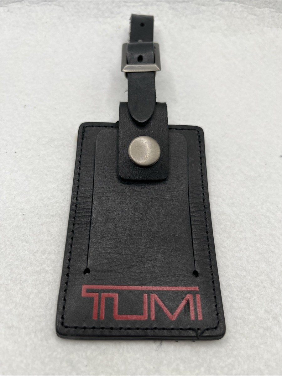 Tumi Luggage Tag Leather ID Black On Black With Red Logo