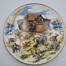 Noah s Ark Hand Decorated Plate Gold Rim 8 D Colorful Animals Boat Rainbow