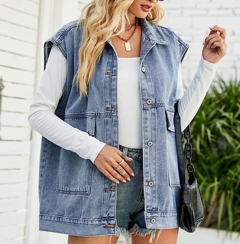 Womens Oversized Denim Vest Mid Long Jean Vest Sleeveless Jacket Distressed Vest - Picture 50 of 53