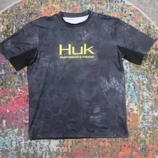 Huk Fishing Shirt Mens M Black Grey Camo Kryptek Performance Short Sleeve
