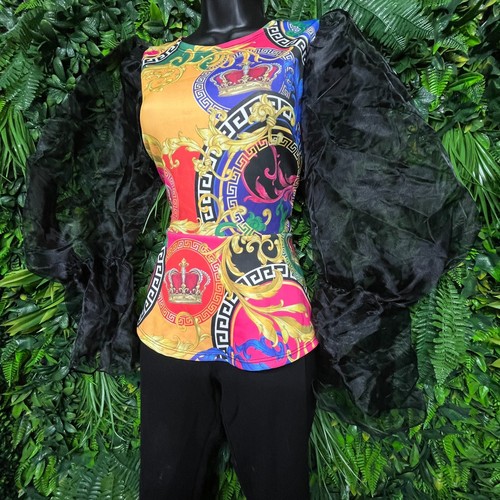 LOVE J Tops Women Medium Yellow Multi Color Peplum Blouse Balloon Sleeve 1380 - Picture 6 of 9