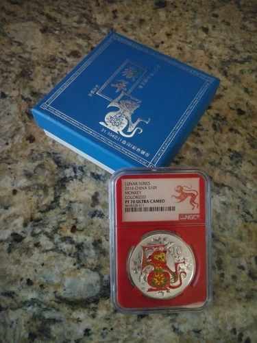 2016 China Lunar Series Monkey 1oz Silver Colorized Coin NGC PF70 UC - COA/Box