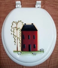 HAND PAINTED TOILET SEAT/PRIMITIVE SALTBOX HOUSE & WILLOW/BSTANDARD ROUND SEAT