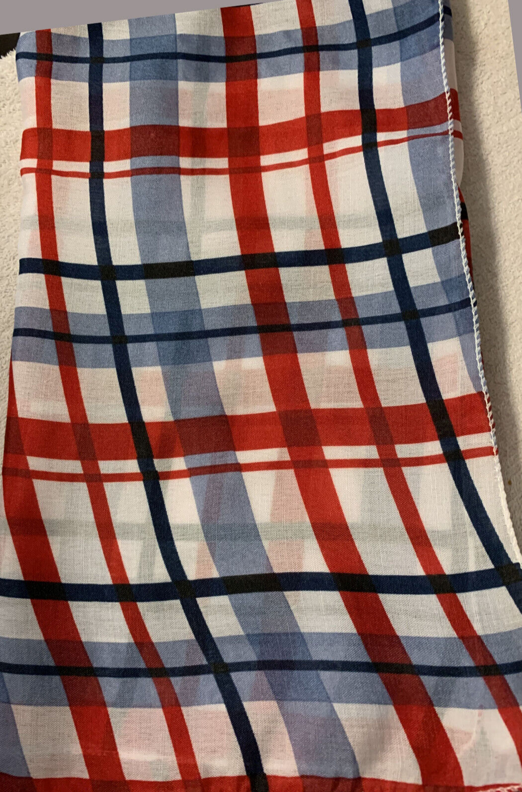 Vintage Scarf Cotton Red White Blue Plaid Design UnKnown Origin 14"x 60
