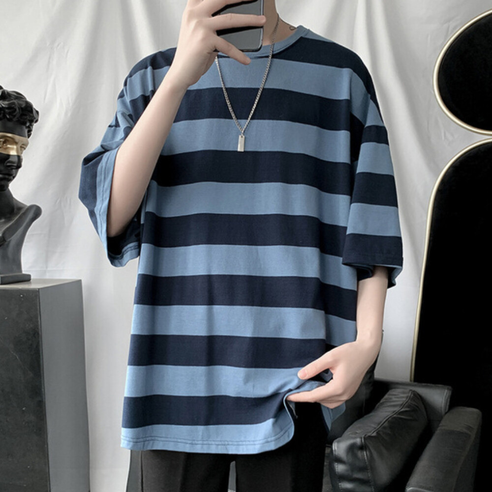 Mens Crew Neck Short Sleeve Wide Striped T-Shirt Casual Baggy Blouse ...