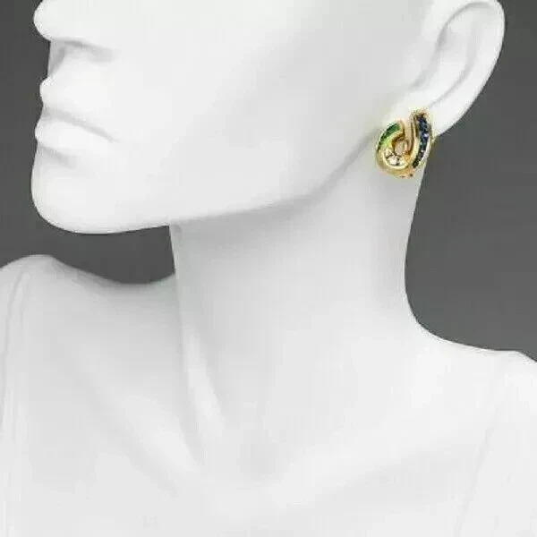 14K Yellow Gold Plated 2Ct Round Lab Created Blue Sapphire Women's Hoop Earrings - Image 2 of 4